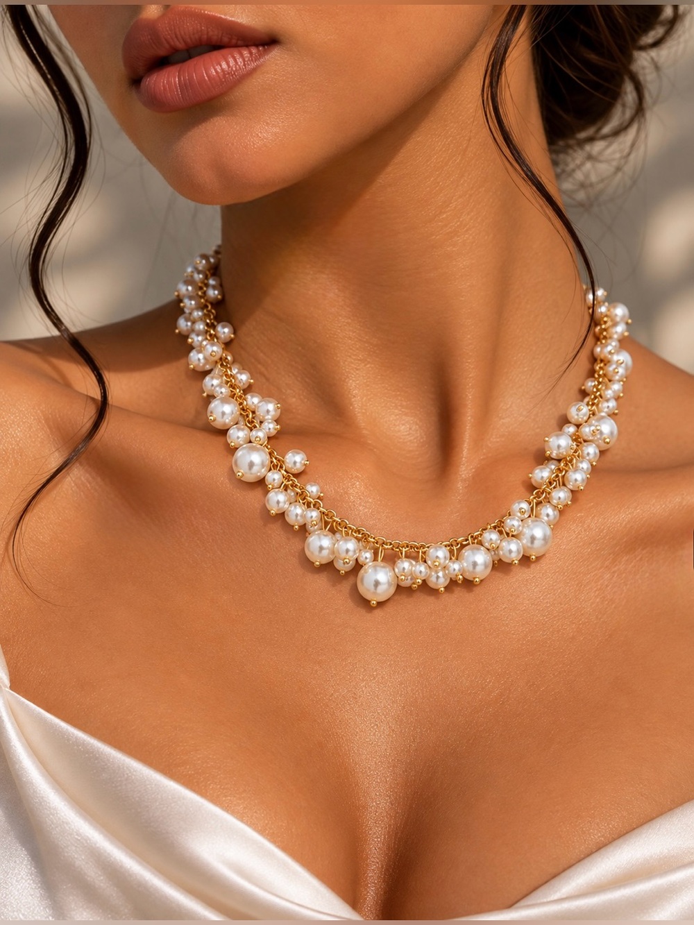 Gold Pearl Cluster Necklace - Elegant Women Jewelry